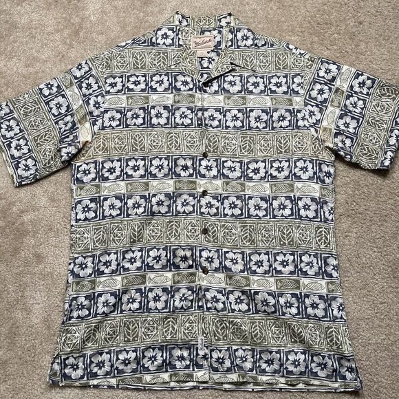 Woolrich Shirt Adult Extra Medium Green Blue Floral Hawaiian Short Sleeve Mens - Picture 2 of 9